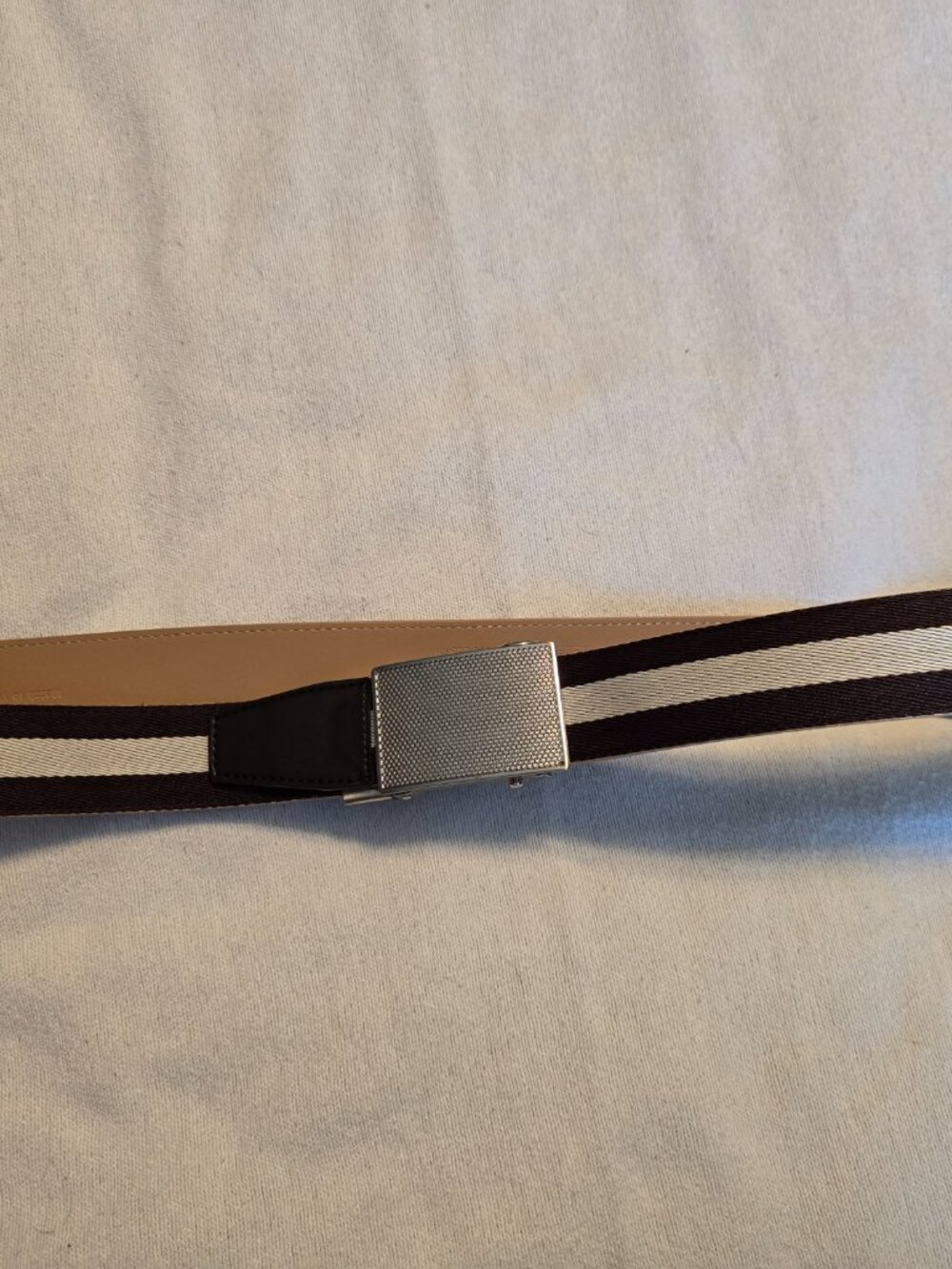 Nexbelt Men's Dark Brown White Stripe Belt Silver Textured Buckle 34-35.5 GUC